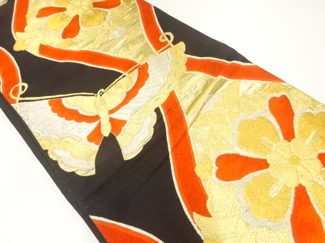 JAPANESE KIMONO / ANTIQUE FUKURO OBI / SILK / WOVEN FLORAL CREST